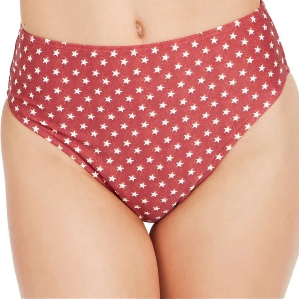 NEW WeWoreWhat Swim Emily Bottom XS Dark Red Vintage Stars High-Waist High-Leg - Picture 3 of 7